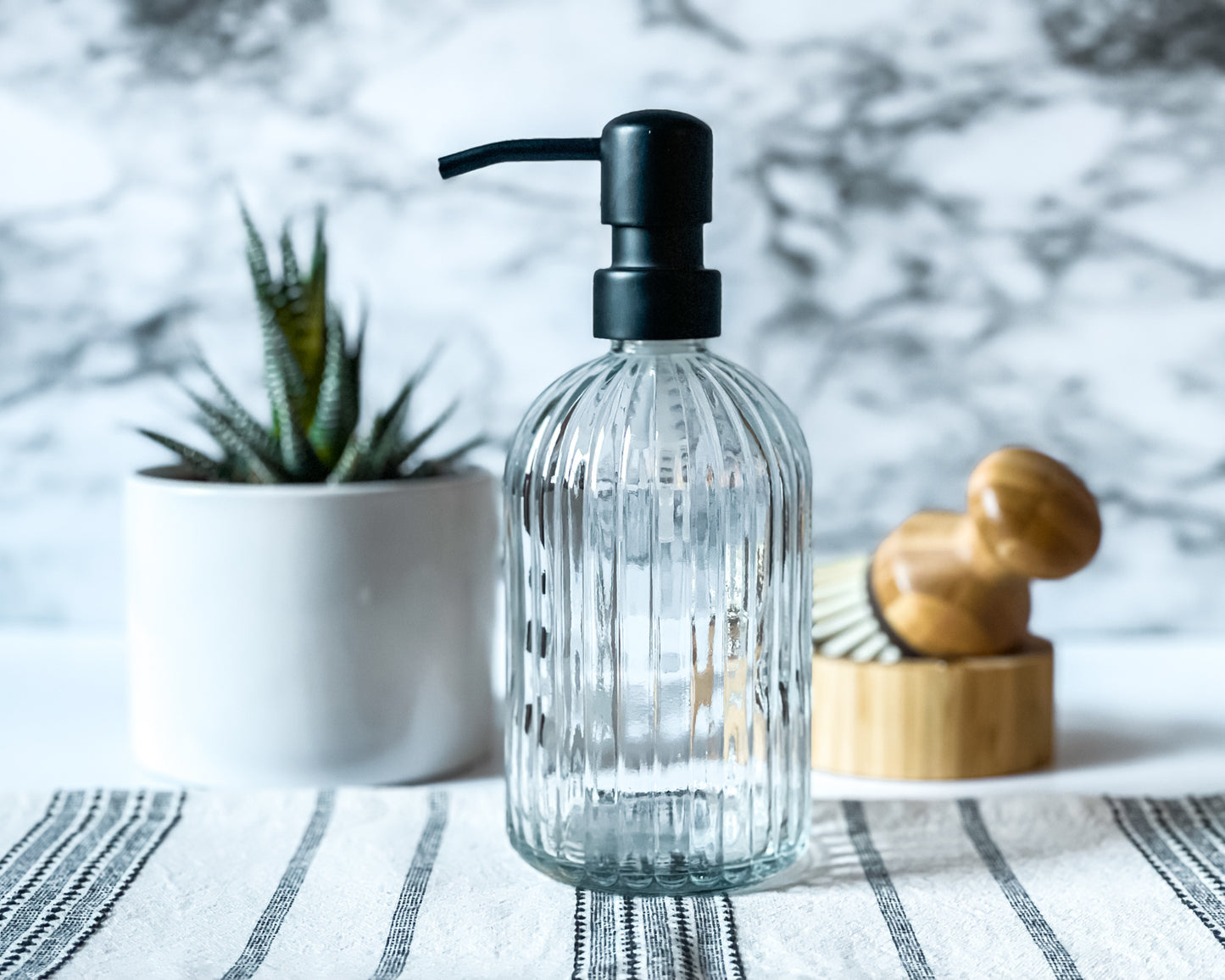 Round Fluted Clear Soap Dispenser with Metal Pump