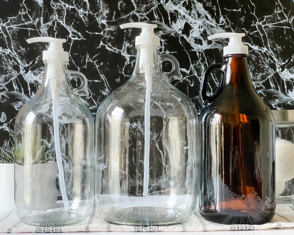 One Gallon and Half Gallon Pump Dispenser Jug | For Detergent, Softener, Syrup, Brewing, Fermenting | Clear or AmberGlass